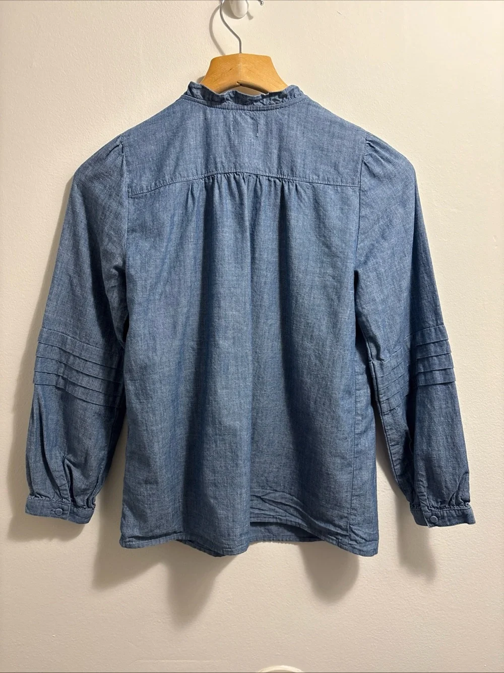 J.Crew Popover Chambray Ruffle Neck Peasant Top Womens XXS Long Sleeve Cotton - Picture 11 of 16